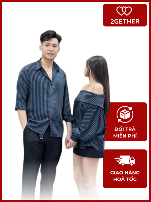 Set Đồ Đôi Sơmi Kẻ Sọc Tay Dài – Nam Nữ Trễ Vai